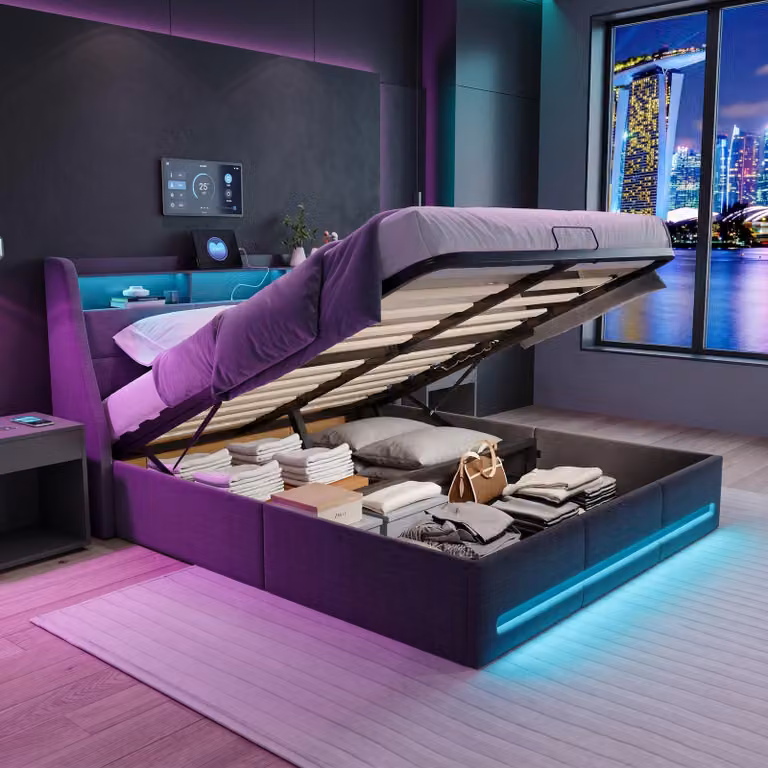 Letto imbottito INONEFT 140x200 cm con LED e USB, letto box con sistema idraulico e contenitore, letto matrimoniale con spazio contenitore, rete a doghe, tessuto in lino, colore grigio