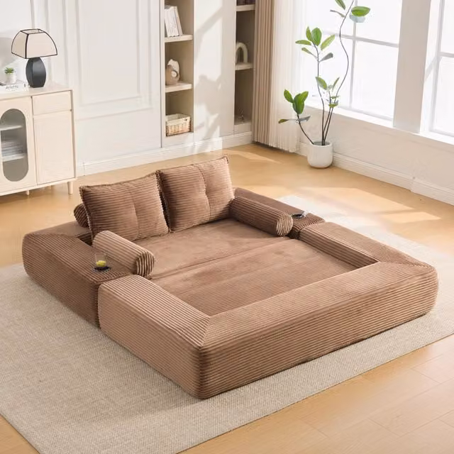 Divano letto pieghevole con portabicchieri tasche laterali e cuscini in memory foam in velluto a coste marrone