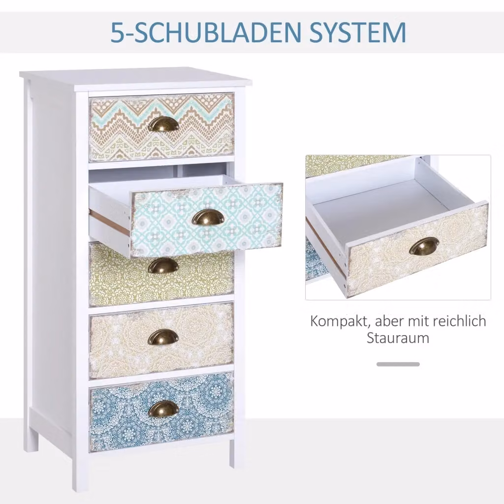 Cassettiera Shabby Chic REDOM con 5 Cassetti Multicolore in MDF L: 106 cm, P: 46 cm, H: 15.5 cm – 2
