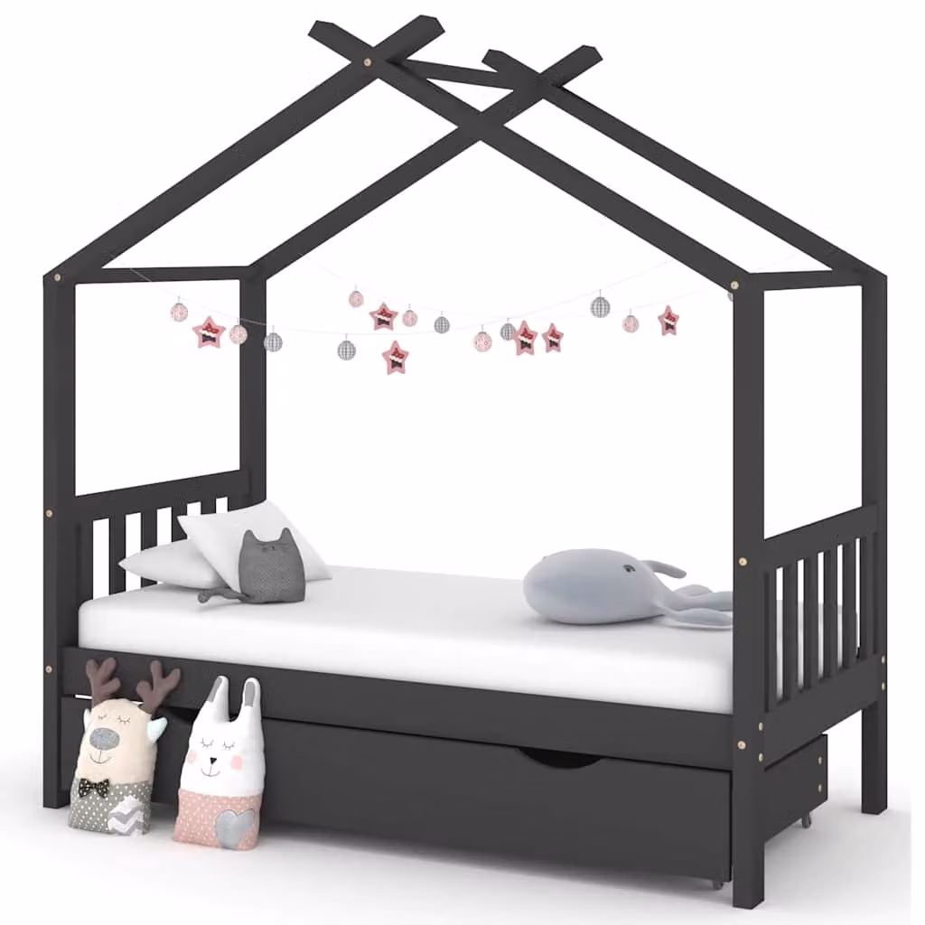 vidaXL Giroletto per Bambini in Legno di Pino con Cassetto, Colore Grigio, L/P/H: 160 x 80 x 173 cm