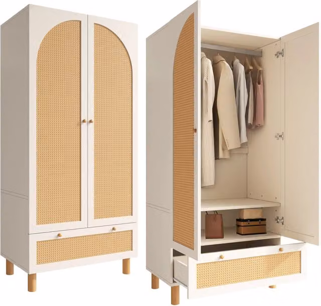 Armadio Guardaroba Bianco 180×85×52 cm con 2 Ante in Rattan; Barra Appendabiti; Ripiani Regolabili e Cassetto