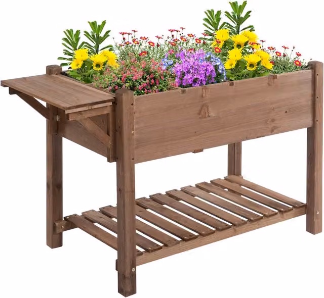 Letto rialzato da giardino XYLO in legno marrone con ripiano pieghevole L/P/H: 123 x 54 x 80 cm