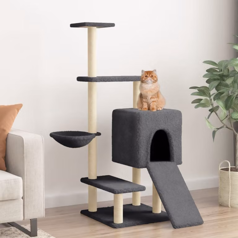 Albero per gatti vidaXL con tiragraffi in sisal e cuccia, colore grigio, Altezza: 130,5 cm