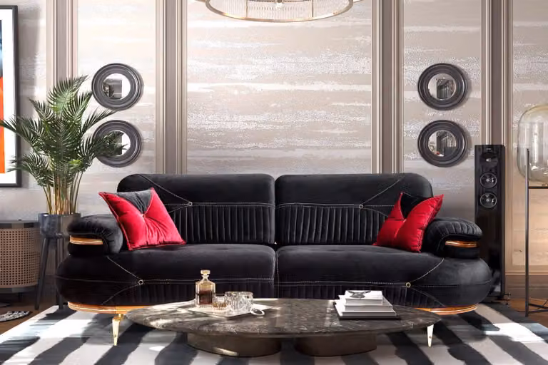 Designer Schwarzer 3-Sitzer Luxus Wohnzimmer Couch Dreisitzer Textil