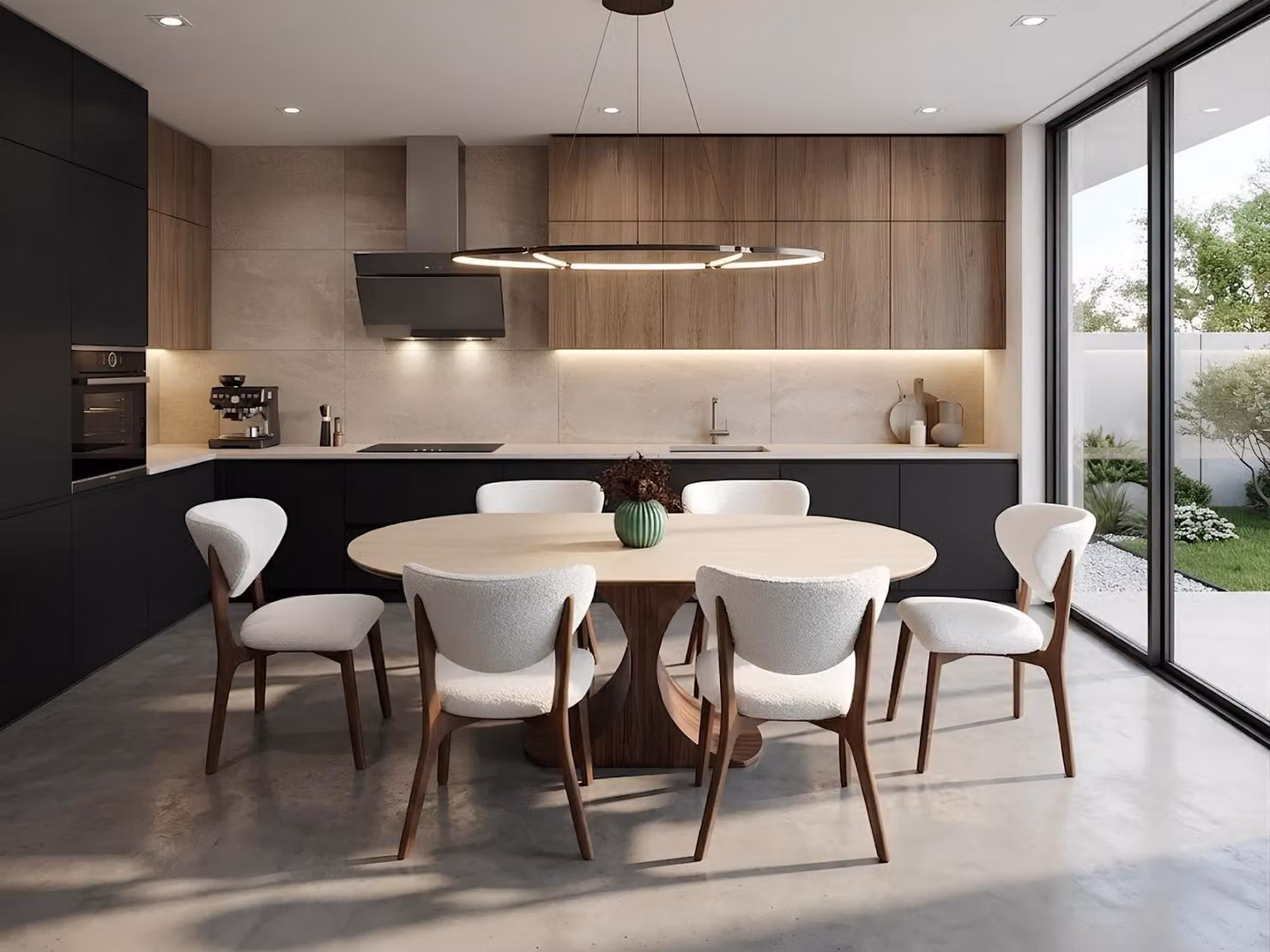 Set per sala da pranzo: tavolo e 6 sedie, design moderno, colori chiari, elegante e di tendenza