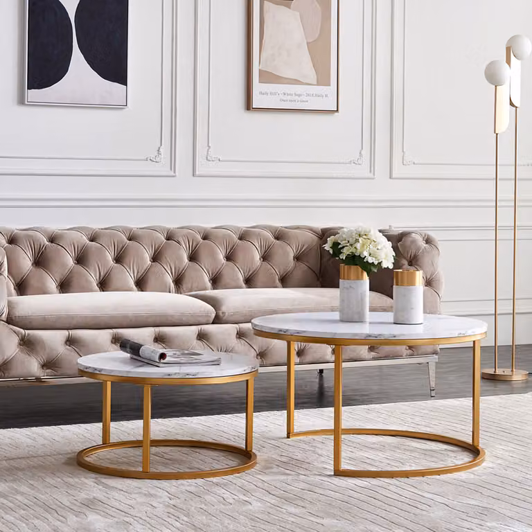Set di tavolini da caffè CDGlobal, tavolino da salotto moderno, tavolino da 2 pezzi, set di tavolini da divano, marmorizzato lucido, struttura in metallo dorato, per sala ricevimenti, balcone, ufficio