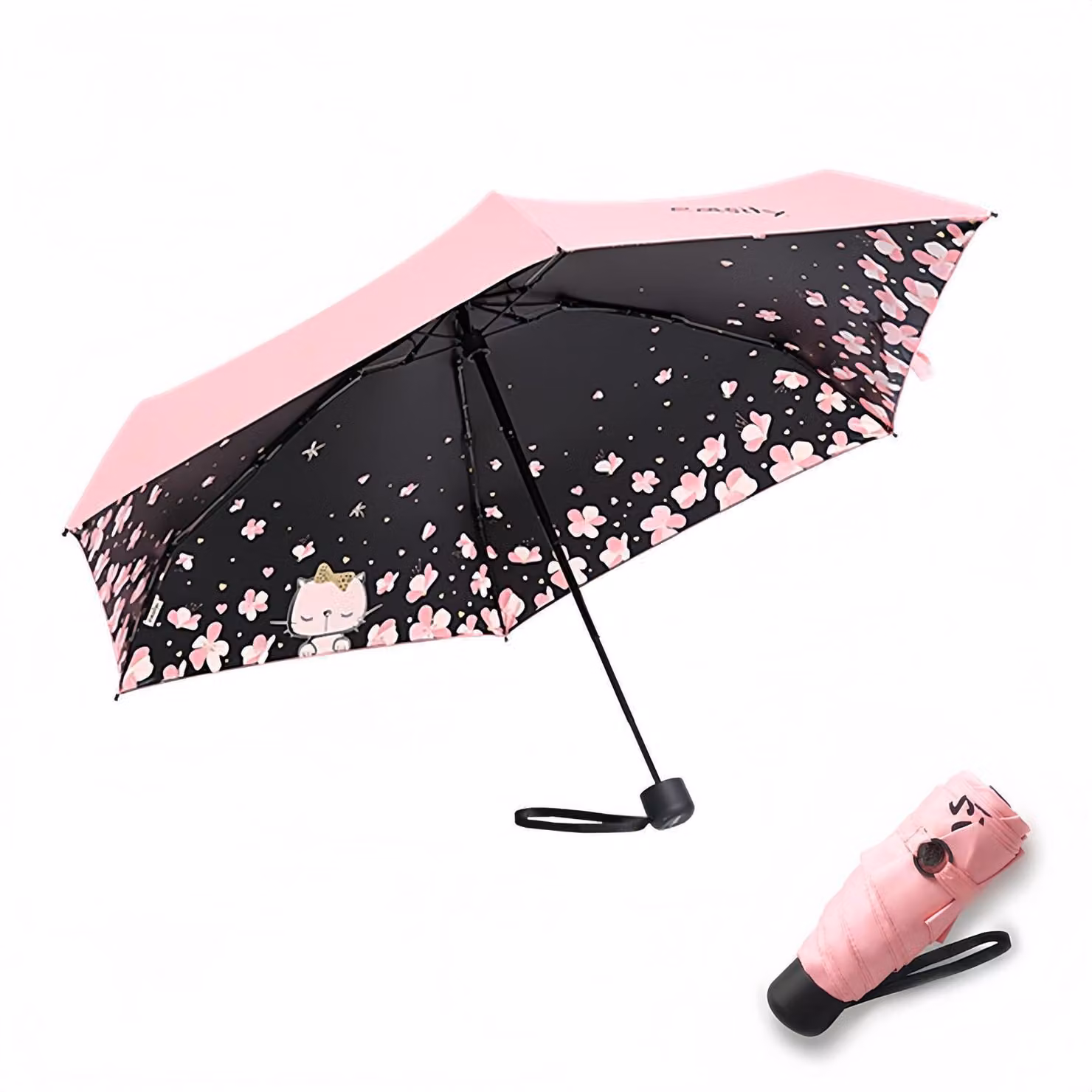Ombrello con apertura e chiusura automatiche, compatto, pieghevole, protezione UV, resistente al vento, ultraleggero, motivo "gatto rosa", 90 cm