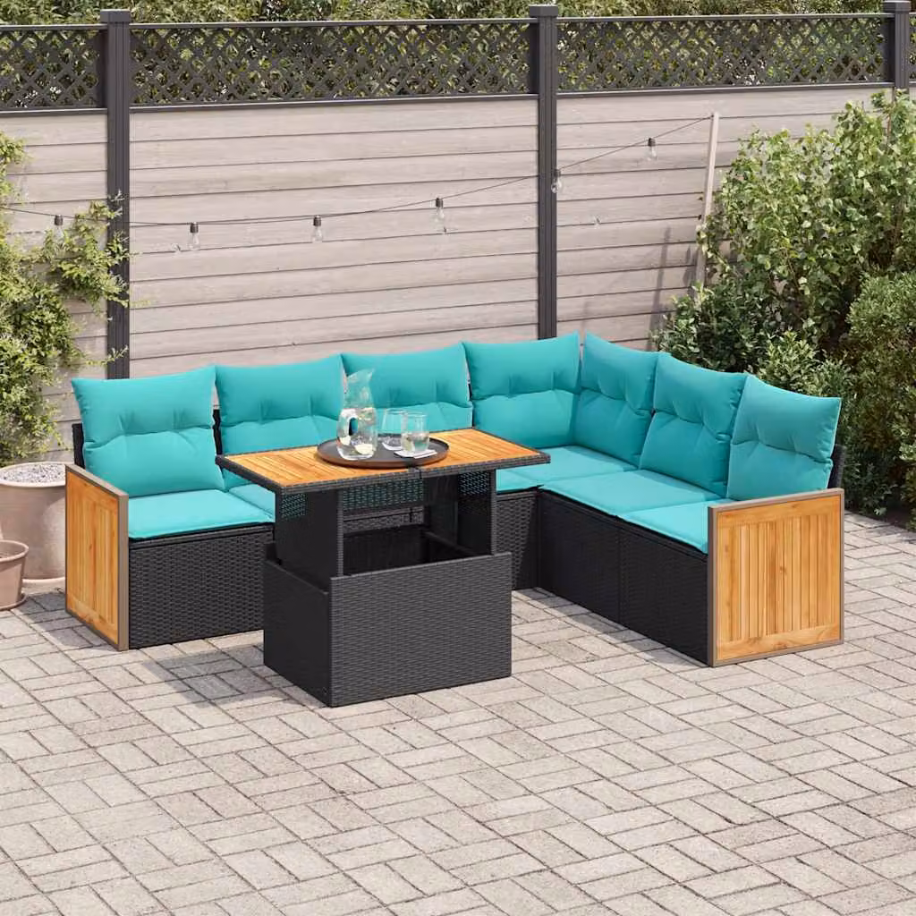 Set Divano da Giardino a L vidaXL in Polyrattan con Cuscini e Tavolino da Esterno, Colore Nero e Blu Turchese