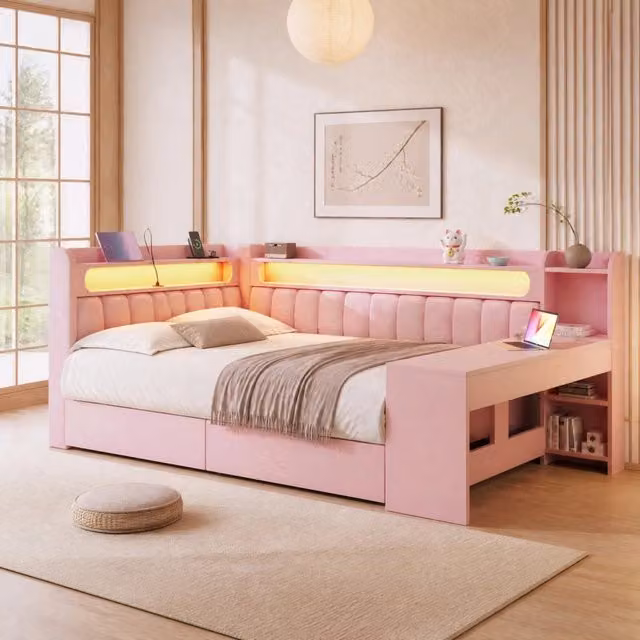 Letto da giorno imbottito rosa 140x200 con LED, USB, scrivania e 2 cassetti