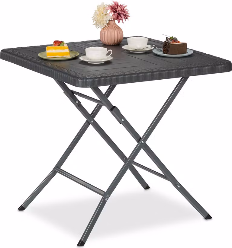 Tavolo da giardino Relaxdays effetto legno, quadrato, dimensioni: 74x78x78 cm, tavolo da balcone, plastica, metallo, tavolo da esterno, grigio