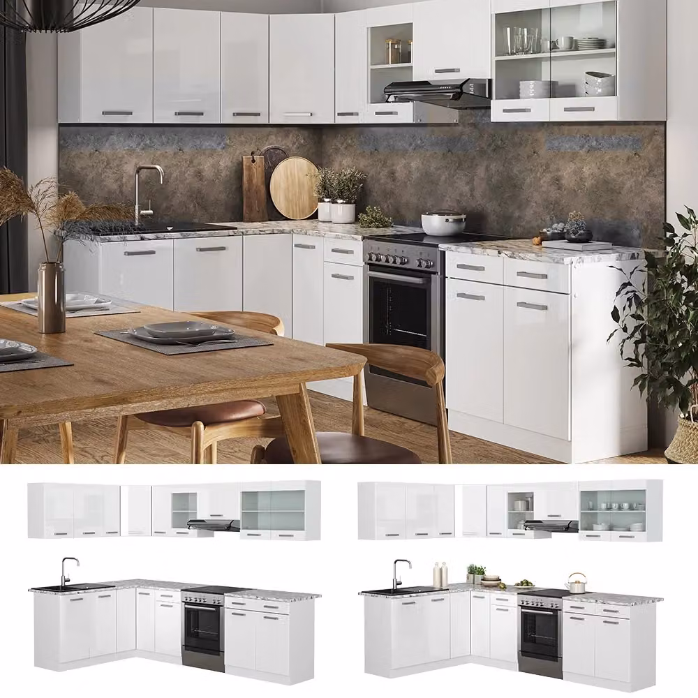 Cucina ad angolo moderna Vicco R-Line Bianco lucido e Grigio, L/P/H: 267 x 167 x 81,6 cm – 2