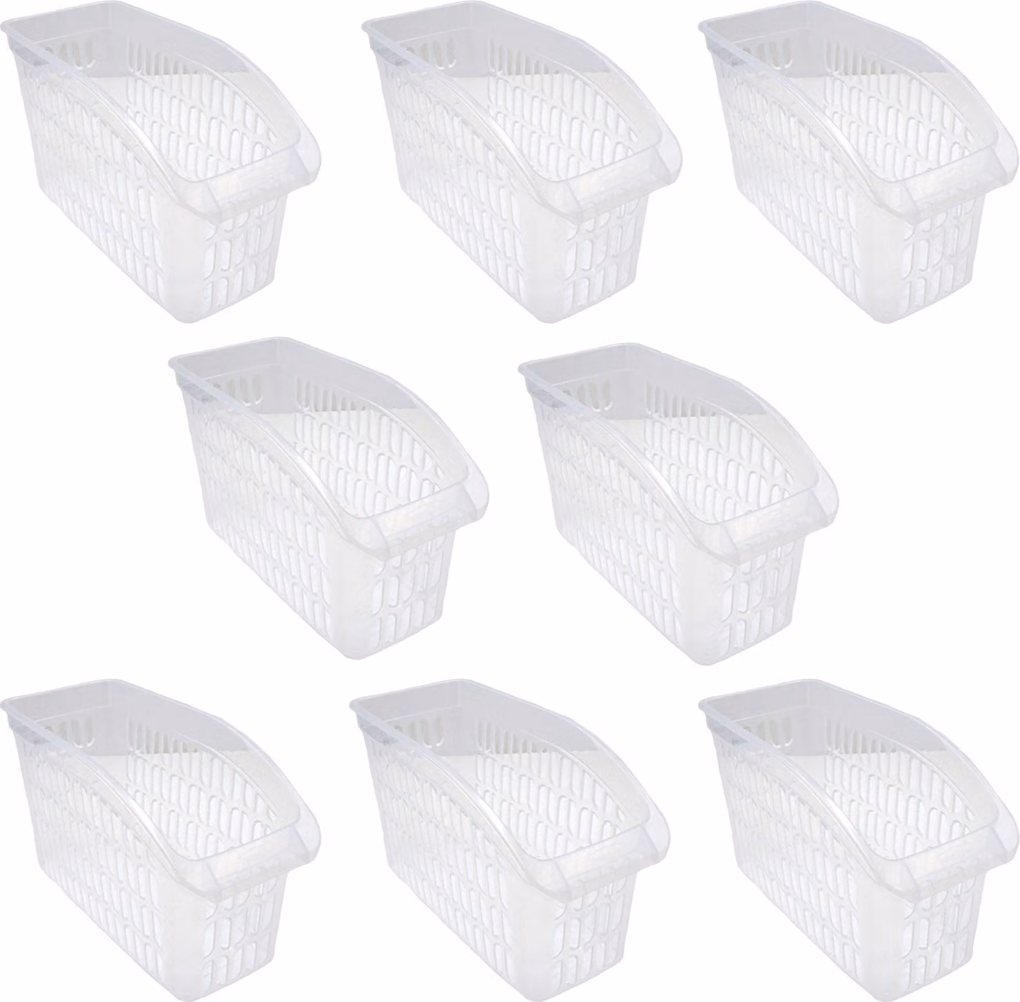 Set di 8 contenitori trasparenti per l'organizzazione, dimensioni 17,5 x 29 x 13,5 cm. Ideali per armadi, scaffali e come scatole portaoggetti. Realizzati in plastica