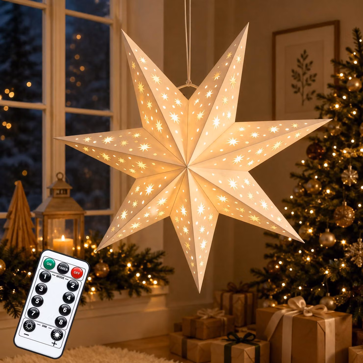 Stella di Natale, 45 cm, luce bianco caldo, con timer, alimentata a batteria
