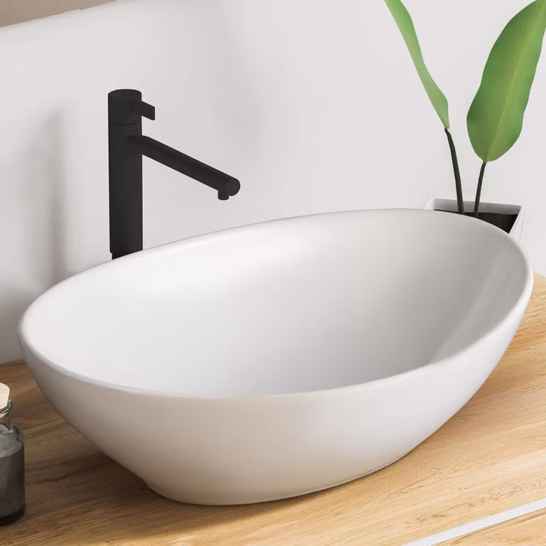 Lavabo ovale da appoggio in Vetroceramica bianca - 41 x 33 x 14,5 cm - Senza foro per il rubinetto