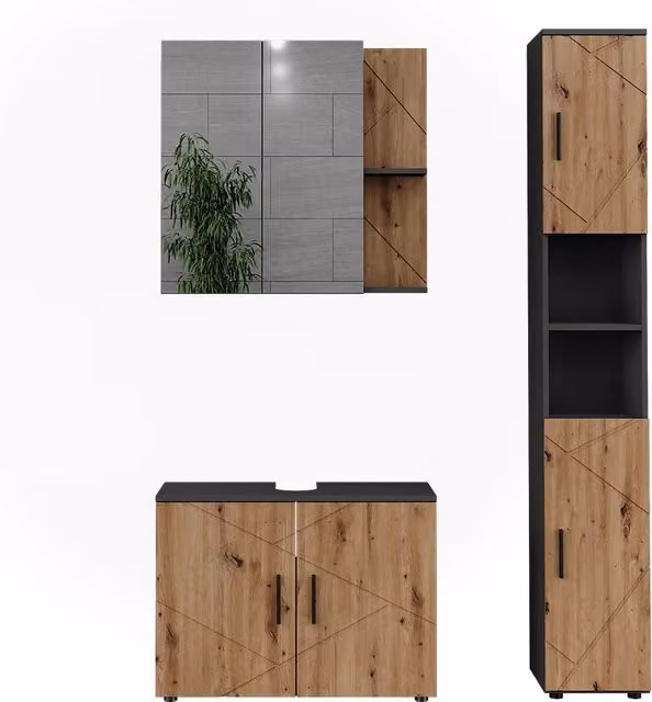 Set di mobili da bagno Irma Antracite/Rovere dorato 3 pezzi Vicco