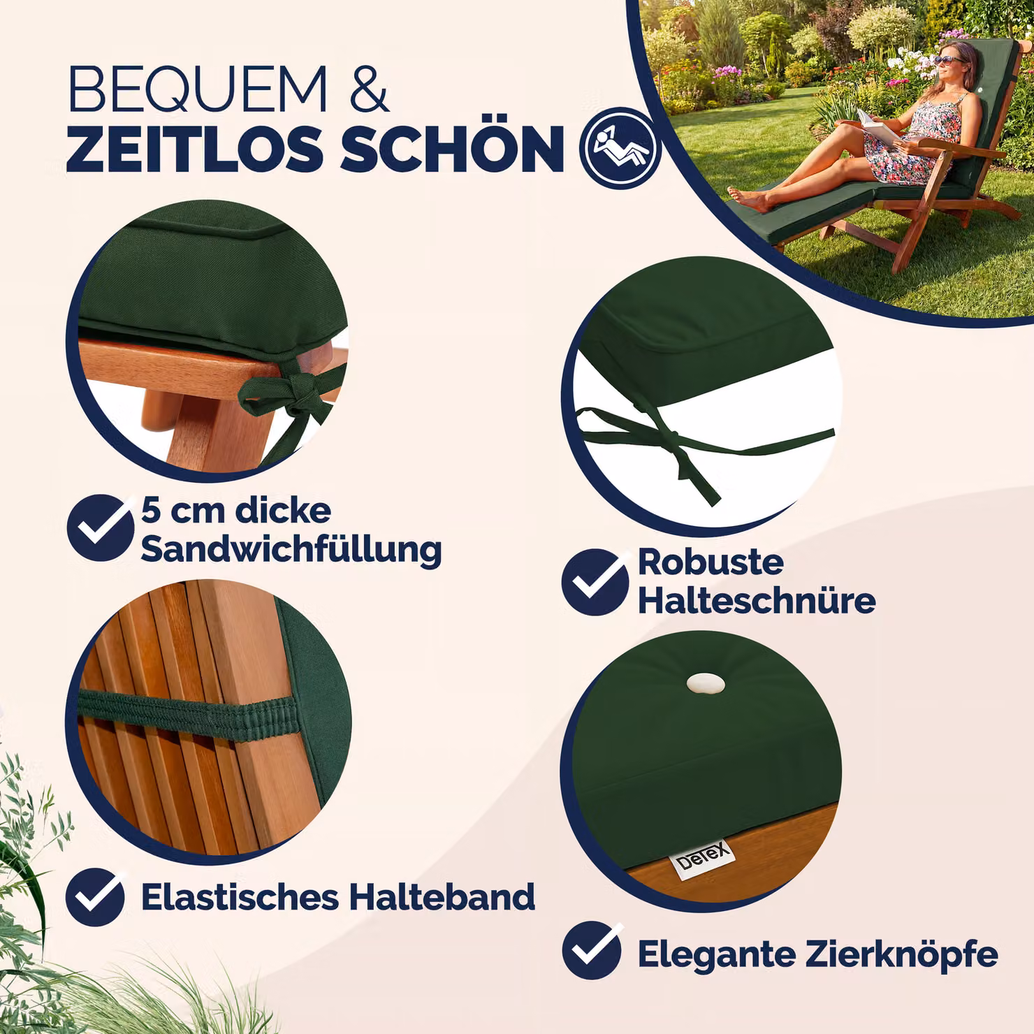 Materassino per sdraio rettangolare verde in poliestere idrorepellente Detex® L: 184,5 cm, L: 43 cm – 2