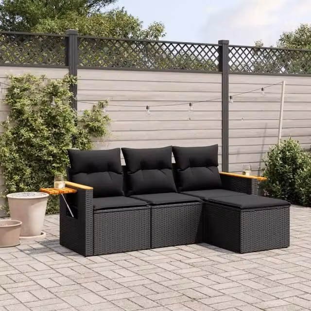 Set Divani da Giardino 4 pz con Cuscini Nero in Polyrattan 3259143