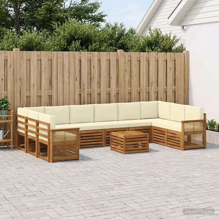Set di divani da esterno vidaXL 8 pz in legno di acacia con cuscini beige e bianco per giardino e terrazza