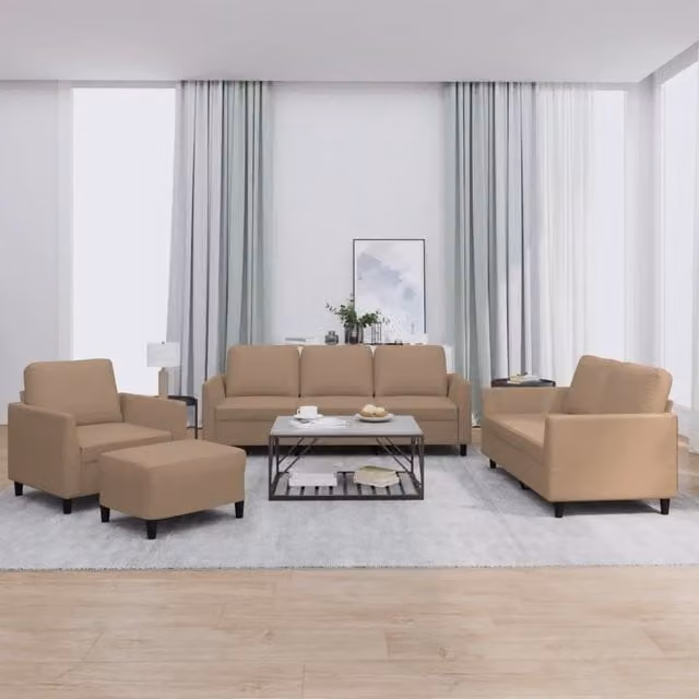 Set di divani moderno vidaXL composto da un divano a 3 posti, un divano a 2 posti e un pouf, rivestimento in similpelle beige con cuscini inclusi – 1