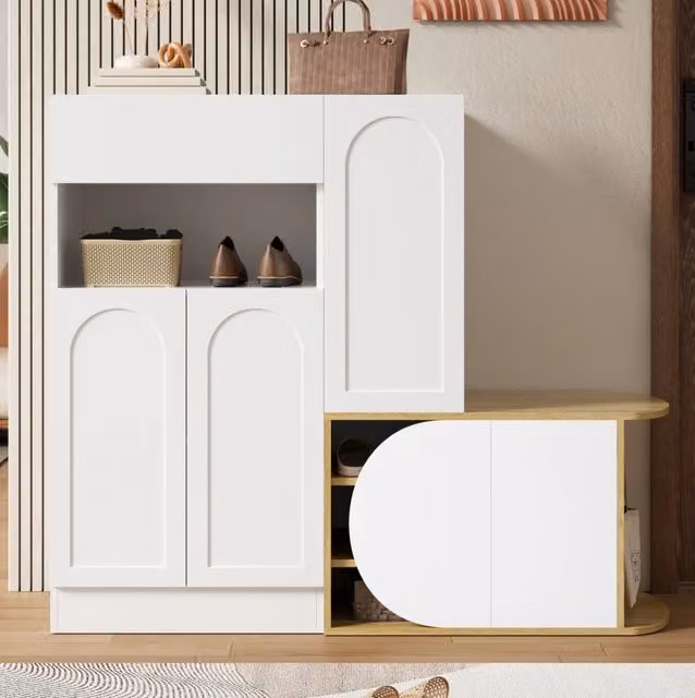 Scarpiera con panca integrata MODFU, bianco e effetto legno, con 1 cassetto e 5 ante, L 130 cm x P 35 cm x H 110,5 cm
