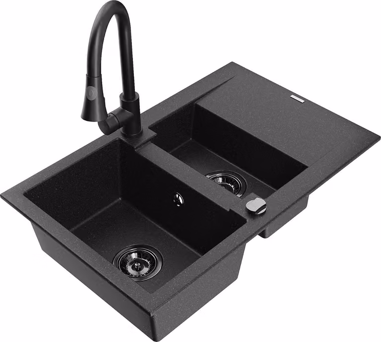 Mexen Gaspar lavello in granito 1,5 vasche con sgocciolatoio e rubinetto da cucina Elia, nero/argento - 6507-73-670101-70-B