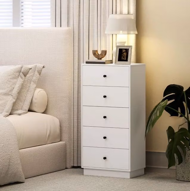 Cassettiera ULEVR 47x29x95 cm con 5 cassetti, mobile contenitore bianco con maniglie nere