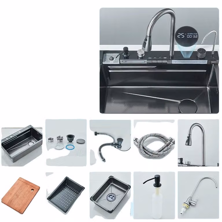 Lavello da cucina, rubinetto integrato, design rettangolare, grigio militare