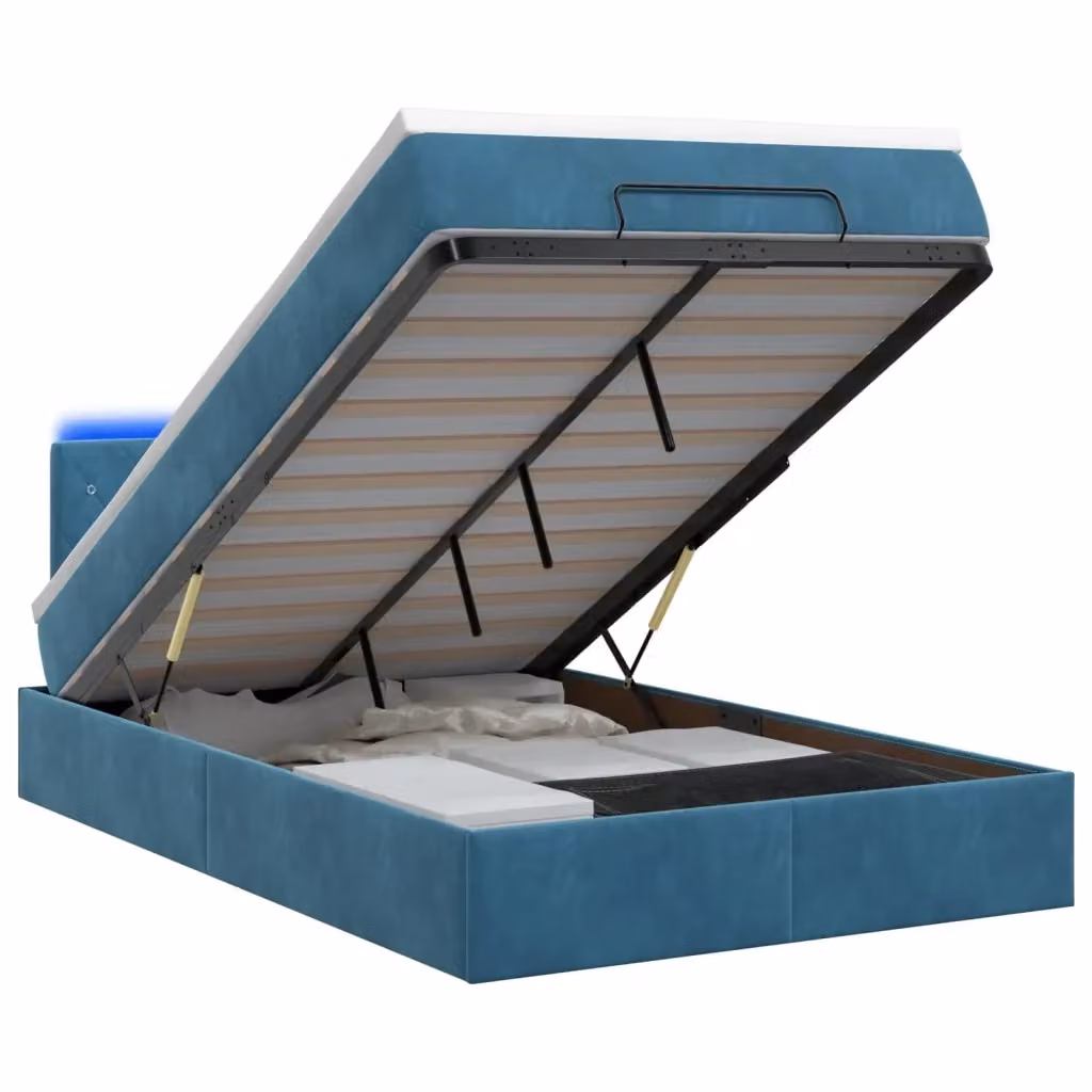 Letto Ottomano Moderno vidaXL in Velluto Blu con Materasso Ibrido, Illuminazione Sotto il Letto e Porte USB, L/P/H: 120 x 200 x 88 cm – 2