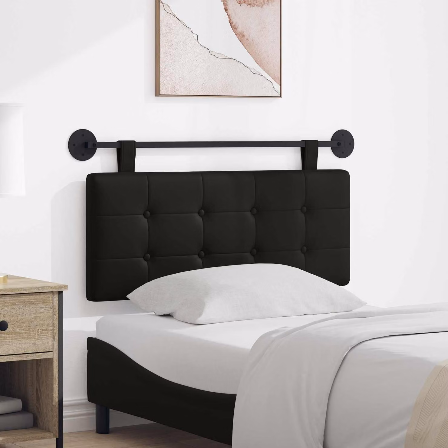 Testiera per letto sospesa vidaXL in similpelle nera con design moderno e pannelli geometrici, L: 110 cm, H: 55 cm, P: 7 cm