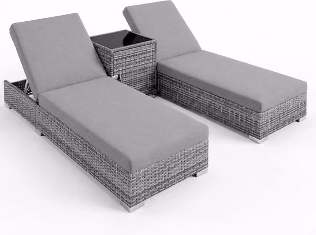 Set 2 Lettini Prendisole In Polyrattan Con Tavolino Contenitore E Cuscini Schienale Regolabile 5 Posizioni Sdraio Da Giardino Terrazzo Piscina Relax Arredo Esterno 184 x 60 x 21 Cm Grigio