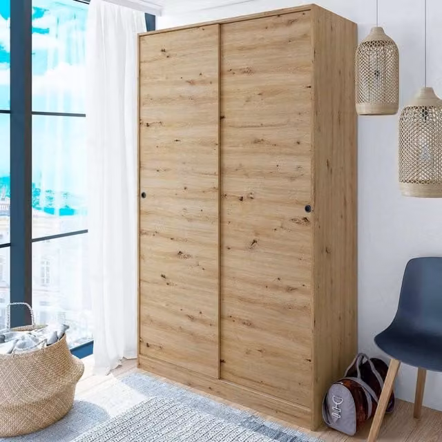 Armadio per camera da letto DMORA Adrenalin con 2 ante scorrevoli, ripiani interni e barra appendiabiti, Rovere, L: 120 cm, P: 50 cm, H: 200 cm – 1