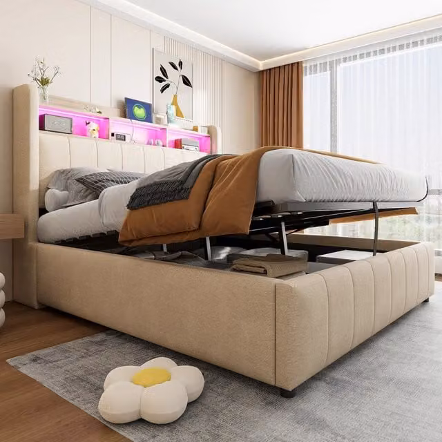 letto imbottito lino beige 140 x 200 cm