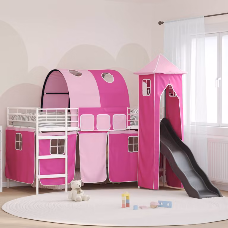 Letto a castello per bambini vidaXL in metallo con struttura a casetta, Bianco, Rosa, Blu o Nero, L/P/H: 200 x 90 x 205 cm