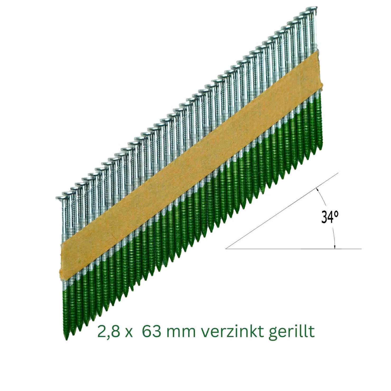 Chiodi a striscia 34° 2000 pezzi 2,8 x 63 mm a testa D, zincati e scanalati, compatibili con Milwaukee, Tjep, Hikoki