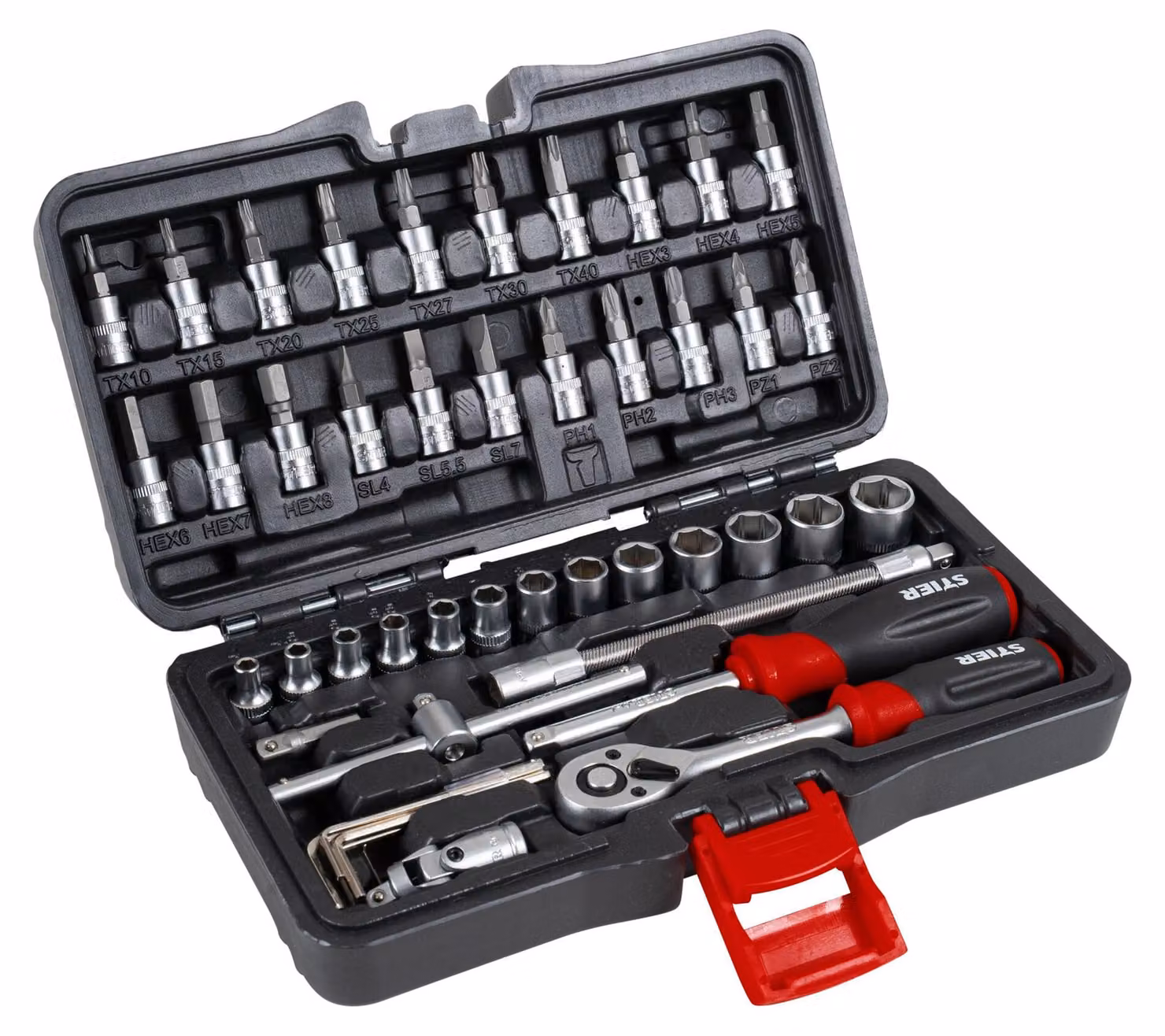 Set di chiavi a bussola STIER, 48 pezzi, 1/4 di pollice, cricchetto reversibile, bussole quadrate, Torx, a taglio, Phillips, Pozidrive, bussole per bit, scatola di plastica