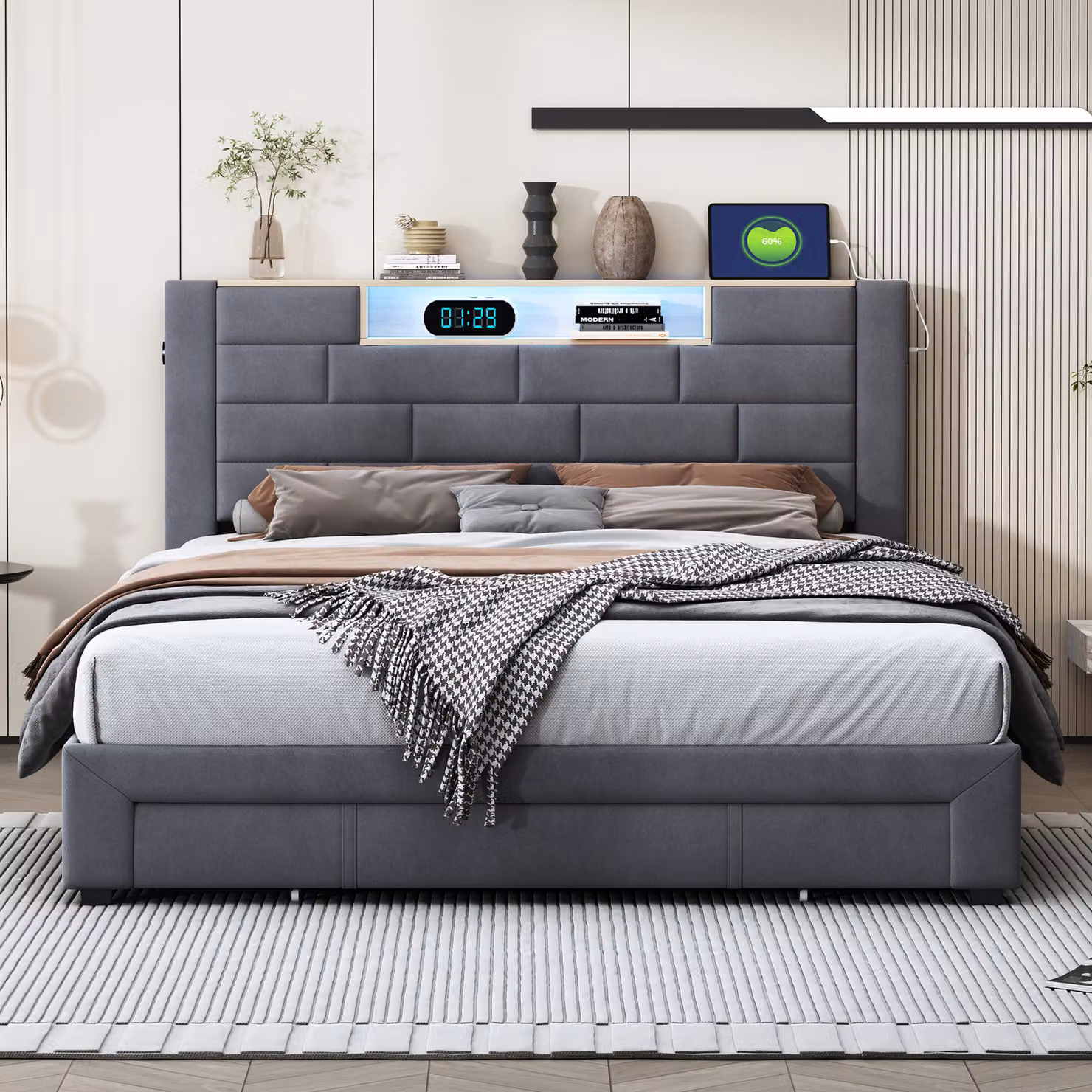 Letto imbottito con contenitore 140x200 cm, striscia luminosa a LED e connessione per la ricarica, 3 cassetti, velluto, grigio, design moderno, ideale per camere da letto, funzionale ed elegante