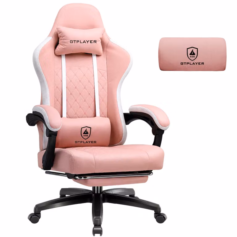 Sedia da gaming GTPLAYER, rivestita in tessuto, con imbottitura a molle indipendenti, sedia girevole ergonomica, sedia da gaming con poggiapiedi, capacità di carico fino a 150 kg, colore rosa