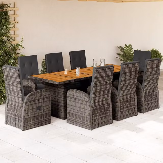 Set da pranzo da giardino vidaXL in polyrattan e legno di acacia grigio, 9 pezzi