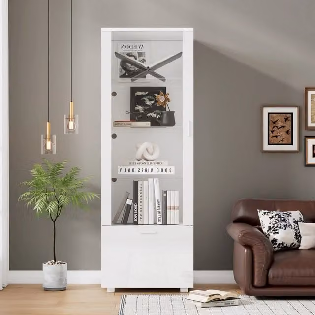 Desviae Vetrina con LED e porta in acrilico ripiani in vetro temprato bianco lucido per soggiorno 50 × 40 × 160 cm