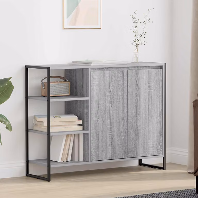 Mobile laterale vidaXL in stile industrial, colore grigio e finitura Sonoma, L: 96.5 cm, P: 30 cm, H: 75 cm