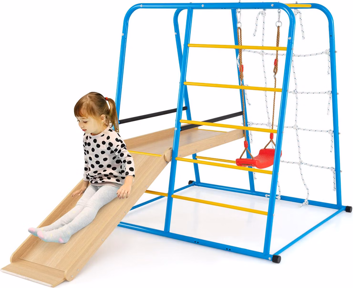 Struttura per arrampicata indoor COSTWAY, altalena 6 in 1, scivolo, palo per arrampicata, scala per arrampicata e parete di corda, parco giochi in metallo per bambini dai 3 anni in su
