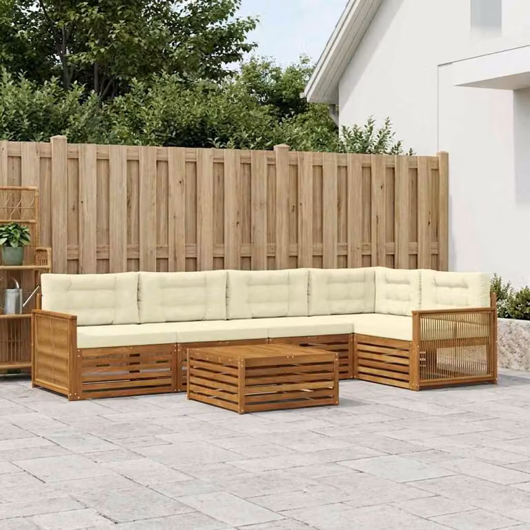 vidaXL Set di divani da esterno moderno a L in legno di acacia con cuscini, 6 pezzi, Beige, Bianco e Marrone