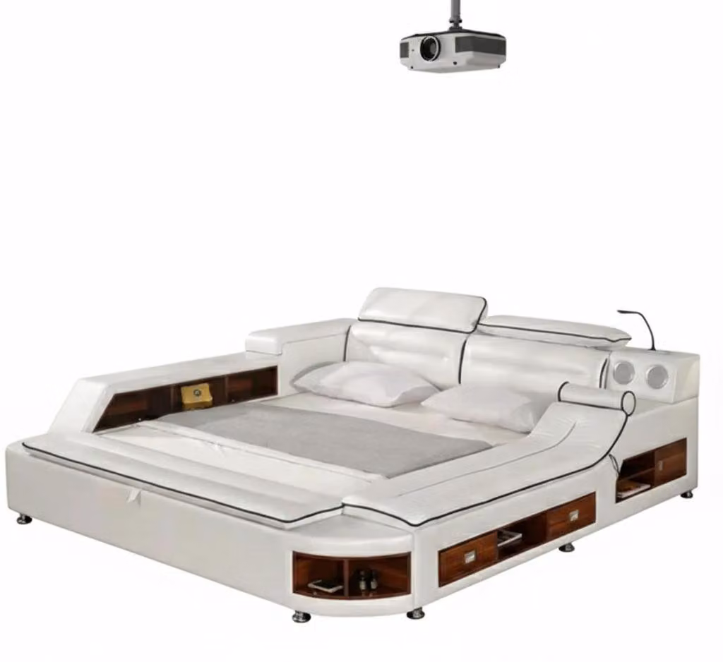Letto multifunzionale, stile moderno, colore bianco, struttura in legno, morbido
