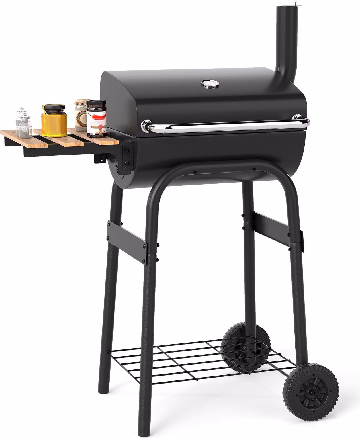 Barbecue a carbonella COSTWAY, carrello per barbecue con tavolino pieghevole, termostato, coperchio, vano portaoggetti, maniglia e 2 ruote, griglia per barbecue da esterno 84,5x49x110,5 cm