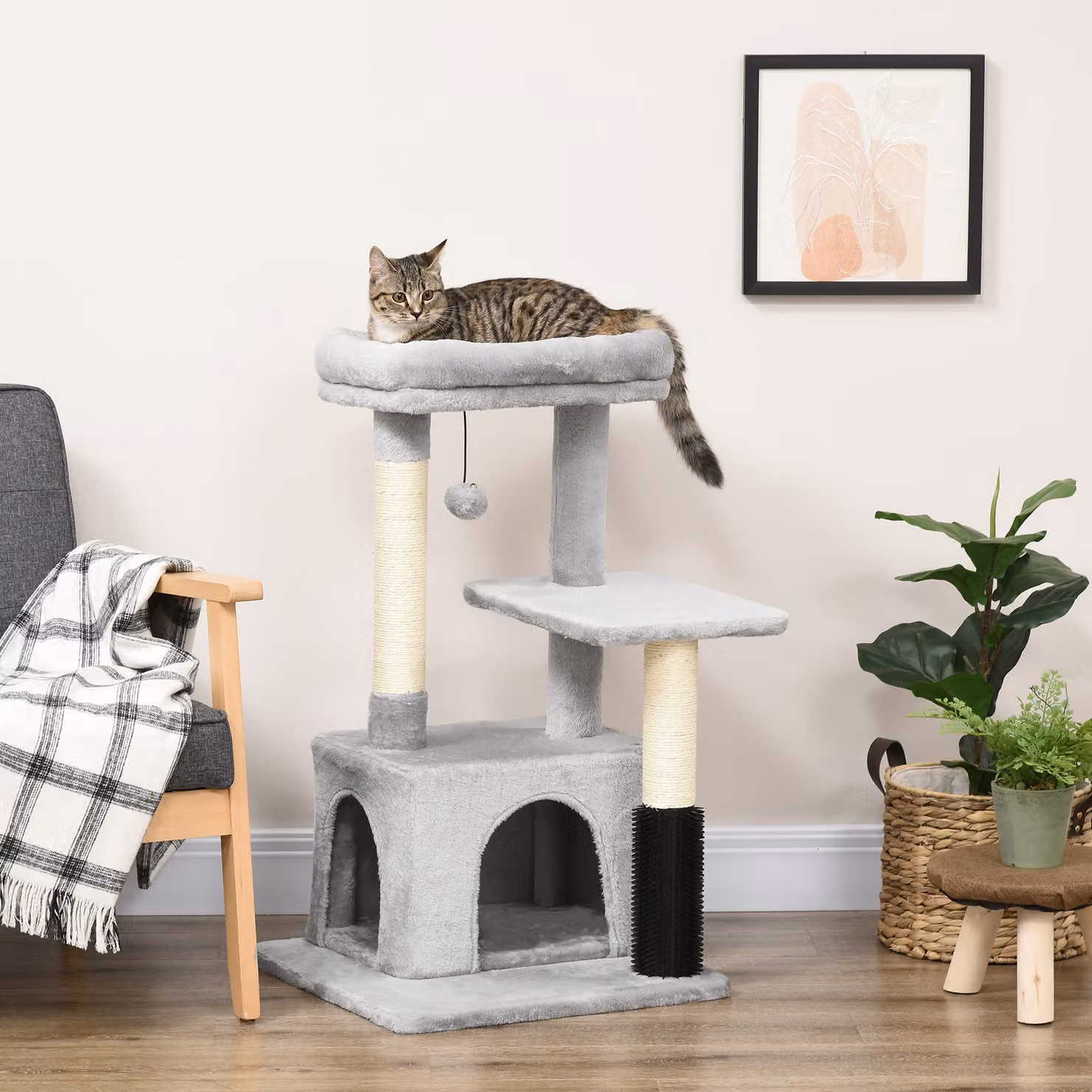 Albero Tiragraffi per Gatti PawHut Multilivello con Casetta, Amaca e Giocattoli Integrati, Rivestimento in Peluche, Grigio – 2