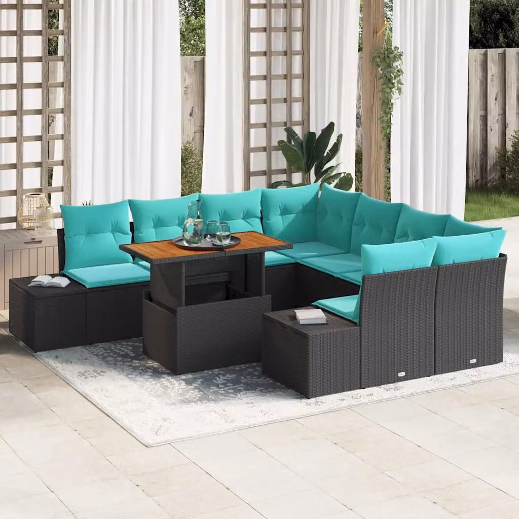 Set Divano da Giardino Moderno vidaXL in Rattan Polimerico e Metallo, 9 Pezzi, Nero Opaco