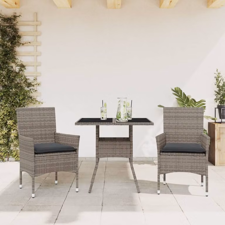 Set da Pranzo da Giardino 3pz vidaXL in Polyrattan Grigio con Vetro e Cuscini