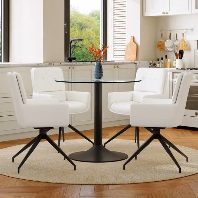Set tavolo da pranzo MIVRAY con piano in vetro temperato trasparente e 4 sedie girevoli in PU bianco e struttura in metallo nero – 1