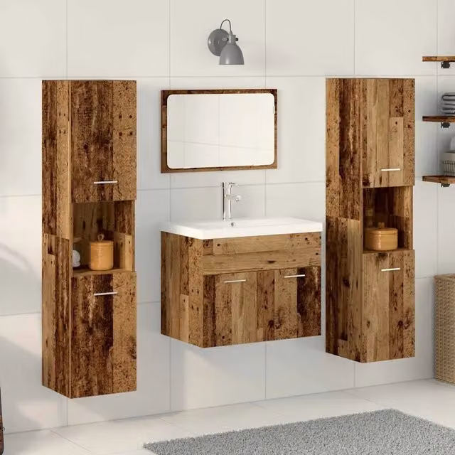 Set di mobili per il bagno vidaXL in legno e metallo marrone stile minimalista composto da mobile lavabo, colonna alta e armadietto con specchio – 1