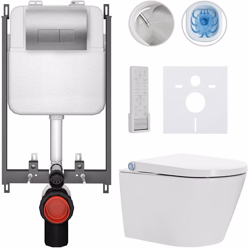 CERANO - WC sospeso con bidet Cronus Pro - bianco lucido - pulsante Prime/Modulo, argento - da incasso - 59,3 x 38,4 cm